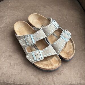 Birkenstock Taupe Suede Sandals with Silver Accents